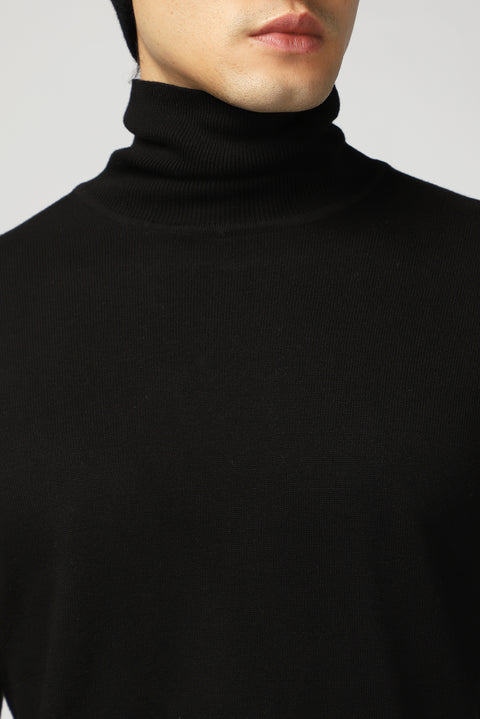 Black Turtleneck Regular Fit Cotton Knit Sweater