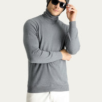 Medium Grey Melange Turtleneck Regular Fit Cotton Knit Sweater