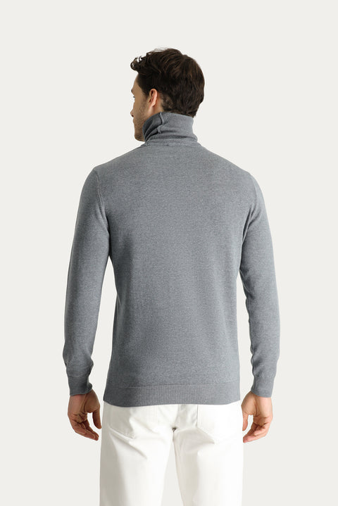 Medium Grey Melange Turtleneck Regular Fit Cotton Knit Sweater