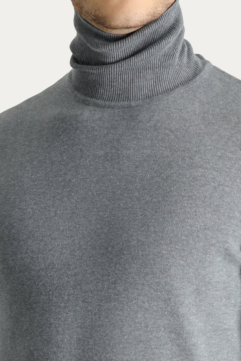 Medium Grey Melange Turtleneck Regular Fit Cotton Knit Sweater