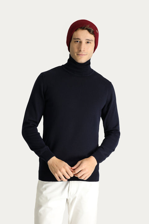 Dark Navy Turtleneck Regular Fit Cotton Knit Sweater