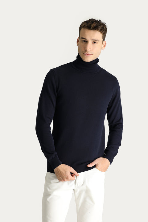 Dark Navy Turtleneck Regular Fit Cotton Knit Sweater