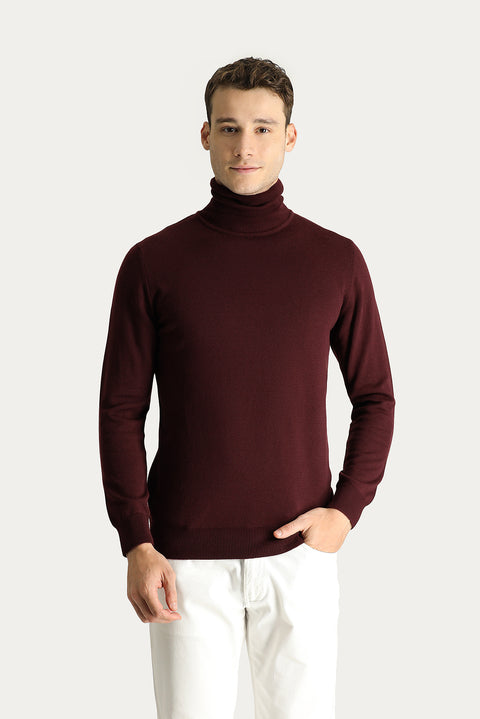 Koyu Bordo Balıkçı Yaka Regular Fit Pamuklu Triko Kazak