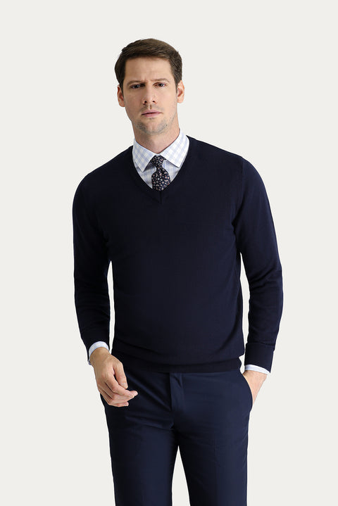 Dark Navy V-Neck Regular Fit Cotton Knit Sweater