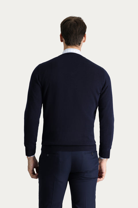 Dark Navy V-Neck Regular Fit Cotton Knit Sweater