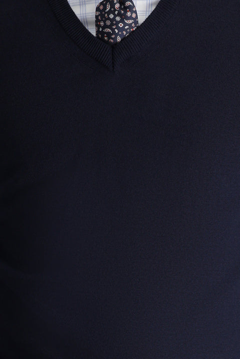 Dark Navy V-Neck Regular Fit Cotton Knit Sweater