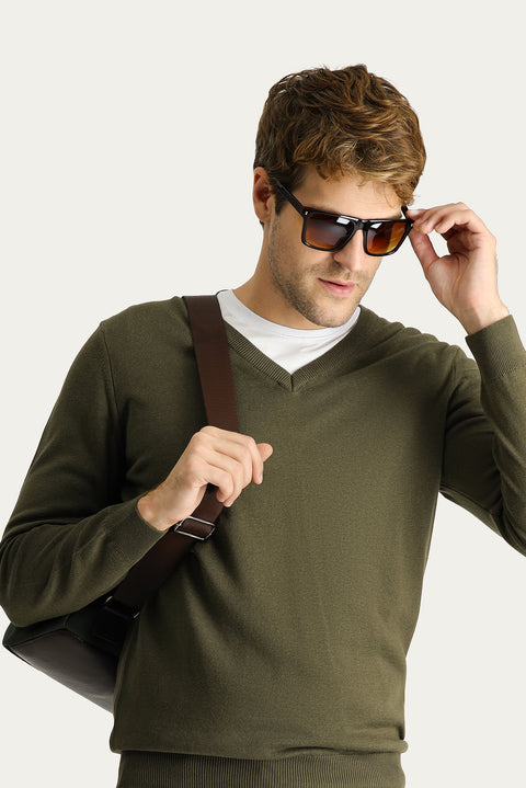 Medium Khaki V-Neck Regular Fit Cotton Knit Sweater