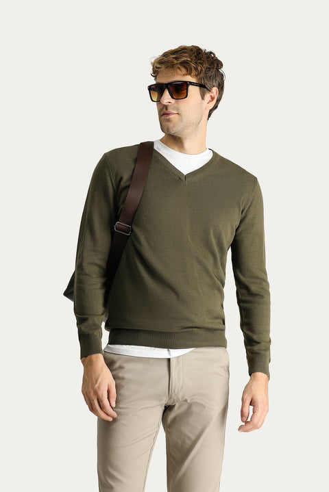 Medium Khaki V-Neck Regular Fit Cotton Knit Sweater