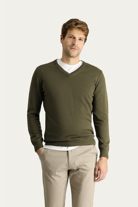 Medium Khaki V-Neck Regular Fit Cotton Knit Sweater