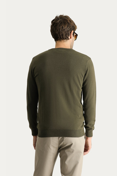 Medium Khaki V-Neck Regular Fit Cotton Knit Sweater