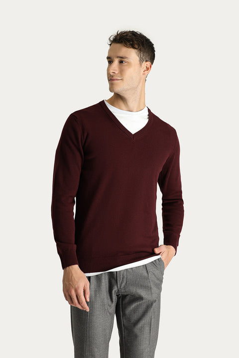 Koyu Bordo V Yaka Regular Fit Pamuklu Triko Kazak