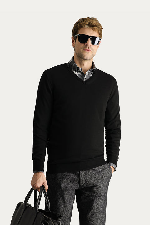 Siyah V Yaka Slim Fit Dar Kesim Pamuklu Triko Kazak