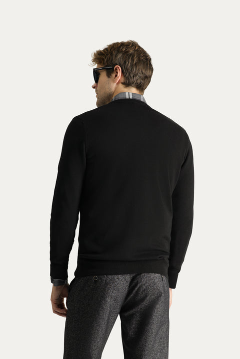 Siyah V Yaka Slim Fit Dar Kesim Pamuklu Triko Kazak