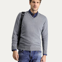 Medium Grey Melange V-Neck Slim Fit Narrow Cut Cotton Knit Sweater