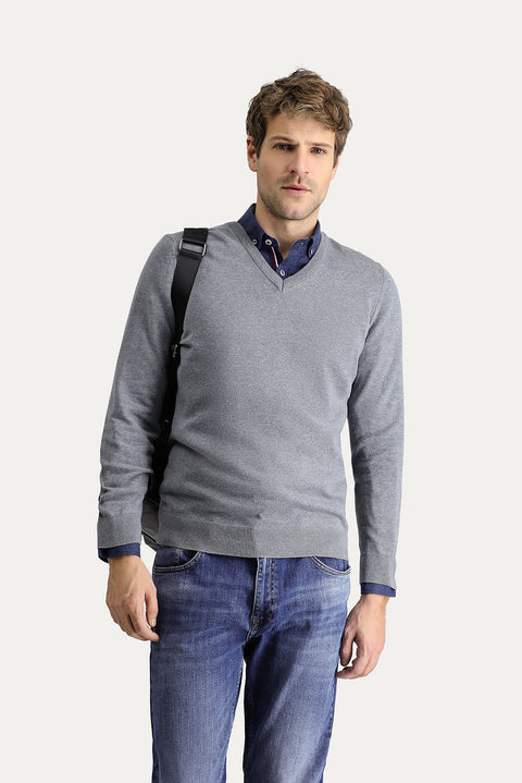 Medium Grey Melange V-Neck Slim Fit Narrow Cut Cotton Knit Sweater