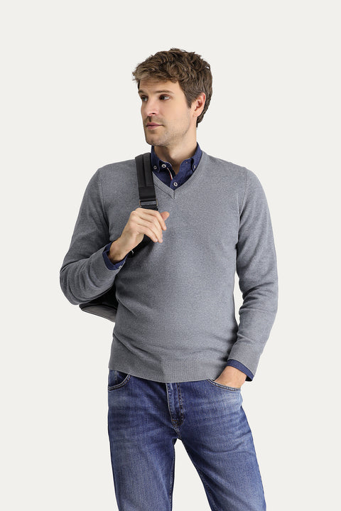 Medium Grey Melange V-Neck Slim Fit Narrow Cut Cotton Knit Sweater