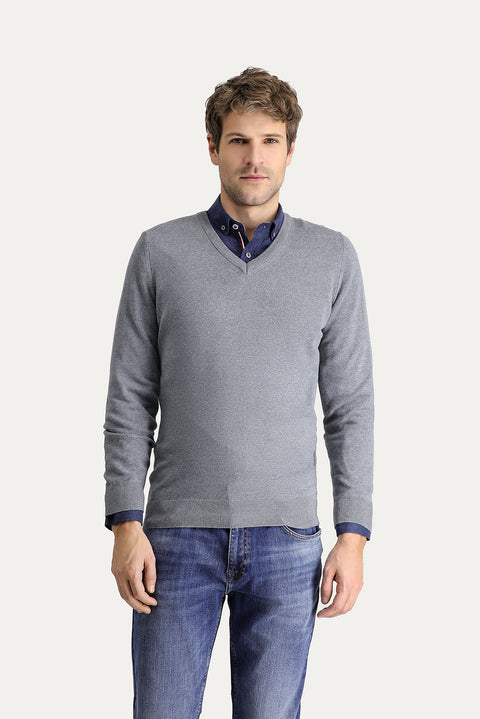 Medium Grey Melange V-Neck Slim Fit Narrow Cut Cotton Knit Sweater