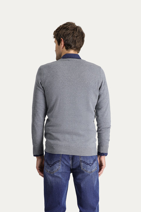 Medium Grey Melange V-Neck Slim Fit Narrow Cut Cotton Knit Sweater