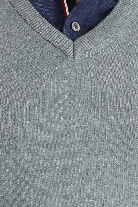 Medium Grey Melange V-Neck Slim Fit Narrow Cut Cotton Knit Sweater