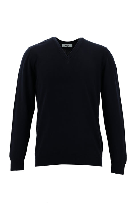 Dark Navy V-Neck Slim Fit Cotton Knit Sweater