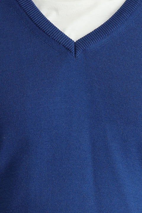 İndigo V Yaka Slim Fit Dar Kesim Pamuklu Triko Kazak