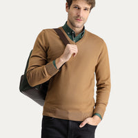 Camel V-Neck Slim Fit Narrow Cut Cotton Knit Sweater