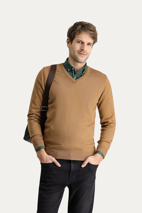 Camel V-Neck Slim Fit Narrow Cut Cotton Knit Sweater