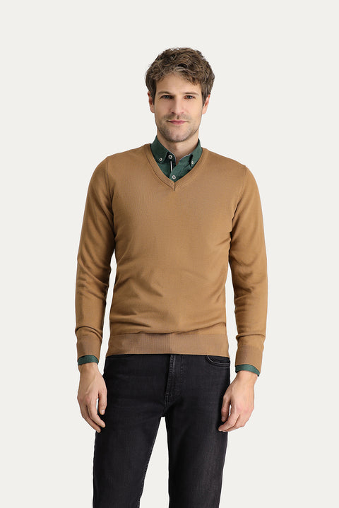 Camel V-Neck Slim Fit Narrow Cut Cotton Knit Sweater