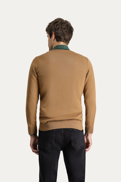 Camel V-Neck Slim Fit Narrow Cut Cotton Knit Sweater