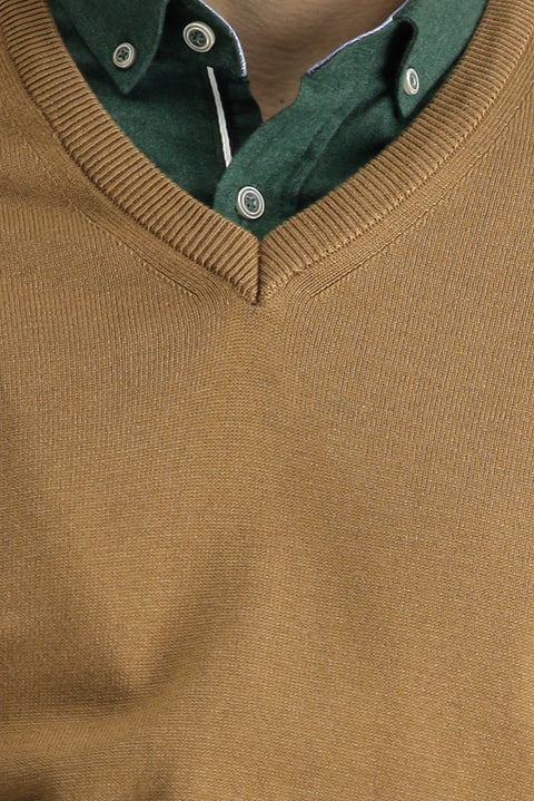 Camel V-Neck Slim Fit Narrow Cut Cotton Knit Sweater