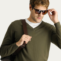 Orta Haki V Yaka Slim Fit Dar Kesim Pamuklu Triko Kazak