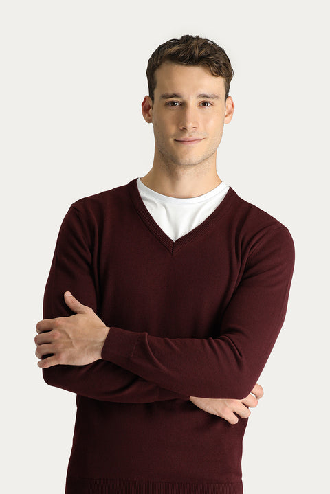 Koyu Bordo V Yaka Slim Fit Dar Kesim Pamuklu Triko Kazak