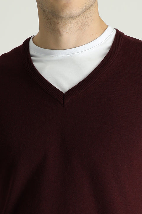 Koyu Bordo V Yaka Slim Fit Dar Kesim Pamuklu Triko Kazak