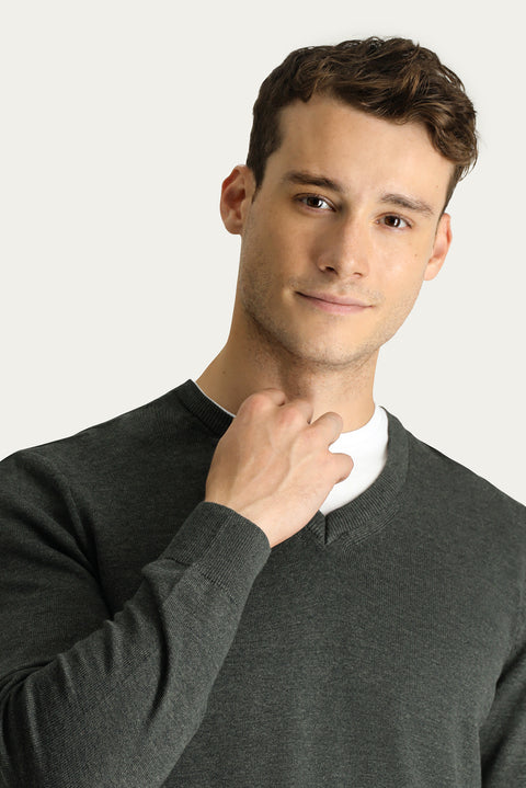Dark Anthracite Melange V-Neck Slim Fit Cotton Knit Sweater