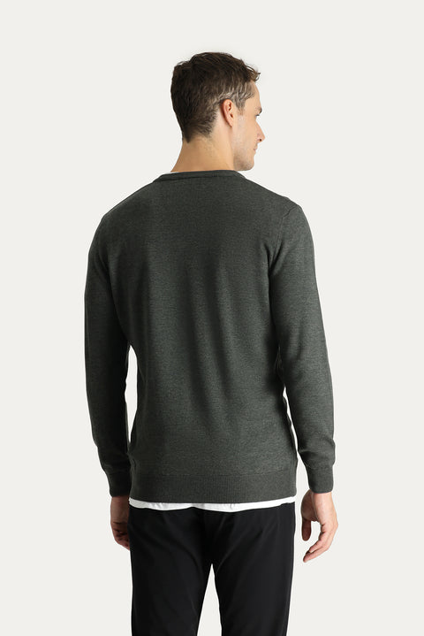 Dark Anthracite Melange V-Neck Slim Fit Cotton Knit Sweater