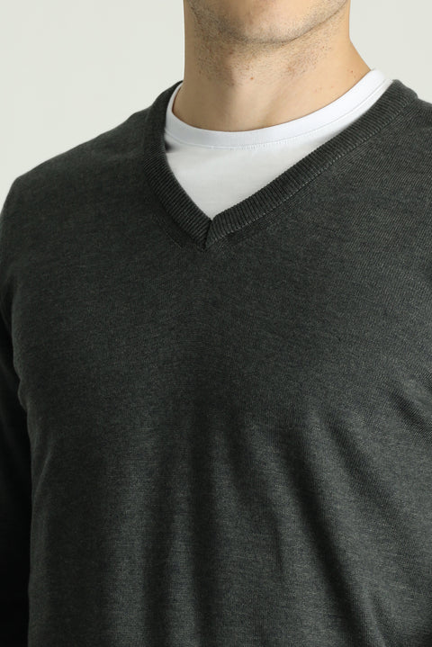 Dark Anthracite Melange V-Neck Slim Fit Cotton Knit Sweater