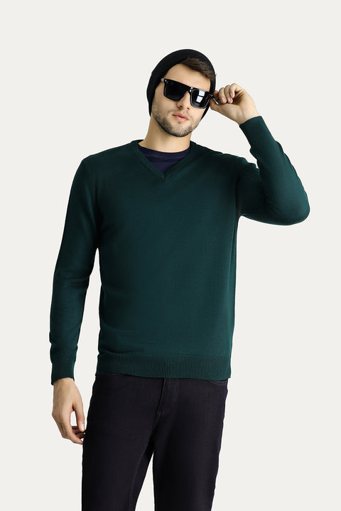 Koyu Petrol V Yaka Slim Fit Dar Kesim Triko Kazak