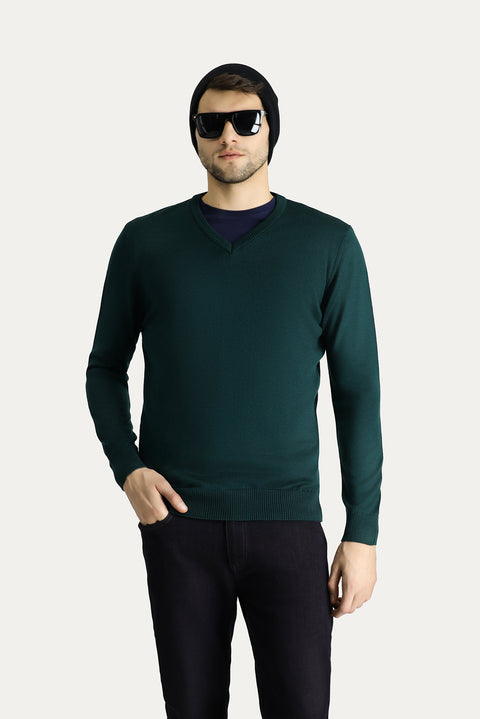 Koyu Petrol V Yaka Slim Fit Dar Kesim Triko Kazak