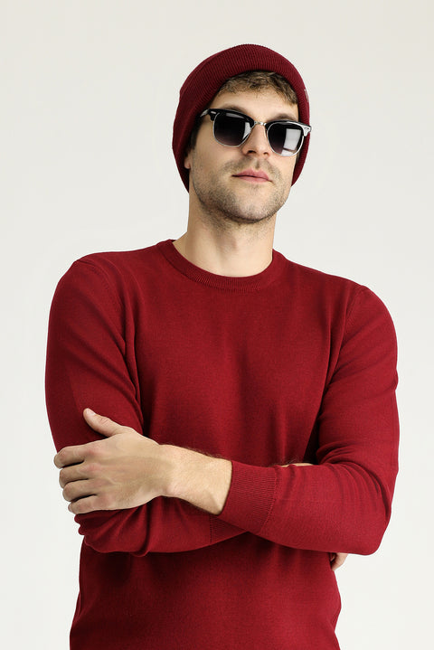 Dark Red Crew Neck Regular Fit Cotton Knit Sweater