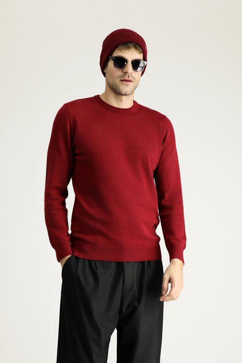 Dark Red Crew Neck Regular Fit Cotton Knit Sweater