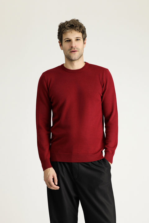 Dark Red Crew Neck Regular Fit Cotton Knit Sweater