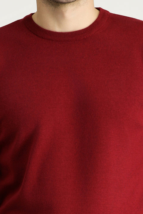 Dark Red Crew Neck Regular Fit Cotton Knit Sweater