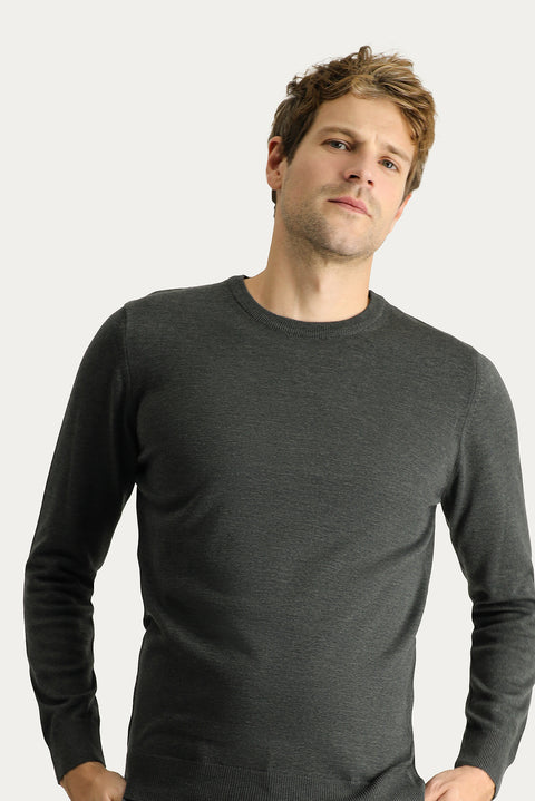 Dark Anthracite Melange Crew Neck Regular Fit Cotton Knit Sweater