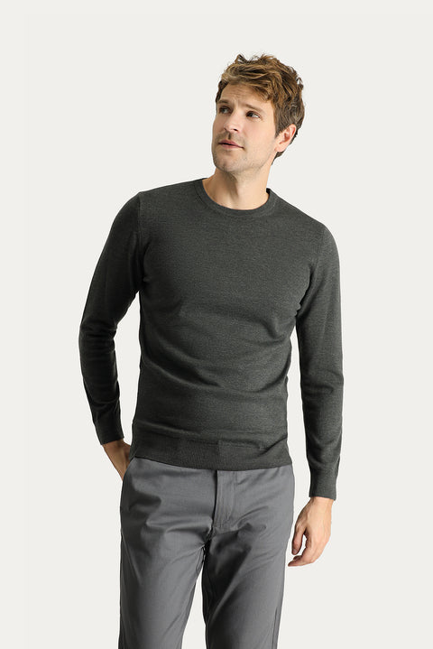 Dark Anthracite Melange Crew Neck Regular Fit Cotton Knit Sweater