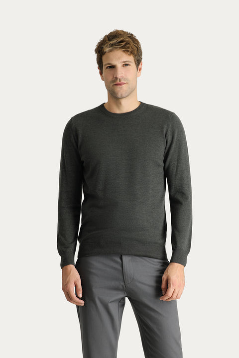Dark Anthracite Melange Crew Neck Regular Fit Cotton Knit Sweater