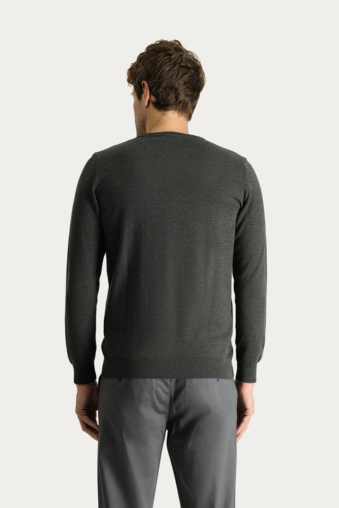 Dark Anthracite Melange Crew Neck Regular Fit Cotton Knit Sweater