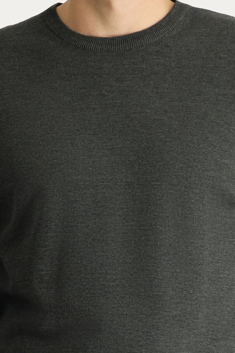 Dark Anthracite Melange Crew Neck Regular Fit Cotton Knit Sweater