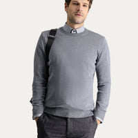 Medium Grey Melange Crew Neck Slim Fit Narrow Cut Cotton Knit Sweater