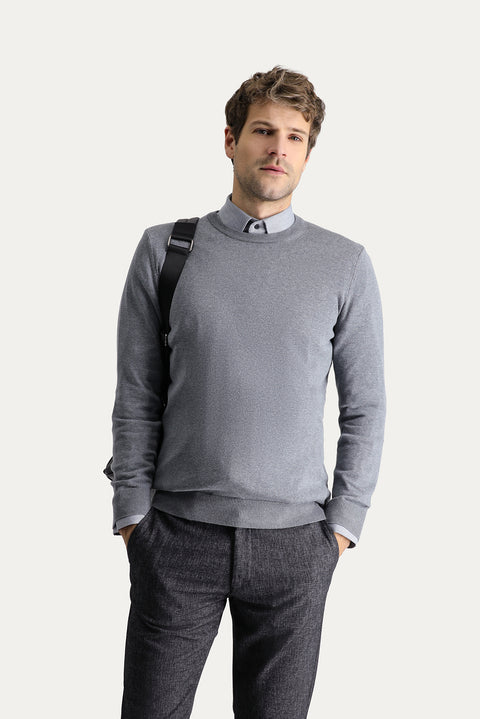 Medium Grey Melange Crew Neck Slim Fit Narrow Cut Cotton Knit Sweater