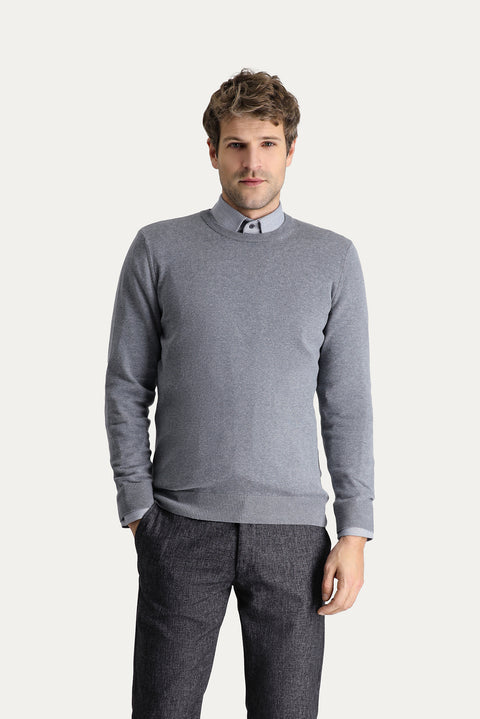 Medium Grey Melange Crew Neck Slim Fit Narrow Cut Cotton Knit Sweater
